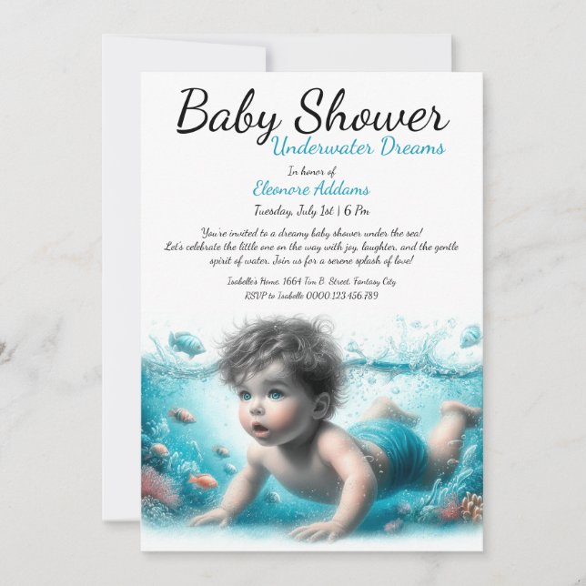Invitation Fête de Bébé à l'Aquarelle Sous-Marin (Devant)