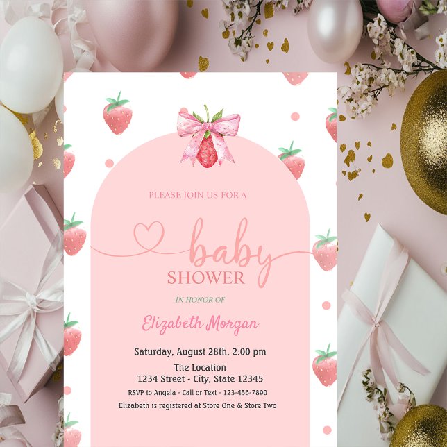 Invitation Fête de bébé à l'arc en ciel à l'aquarelle fraise (Créateur téléchargé)
