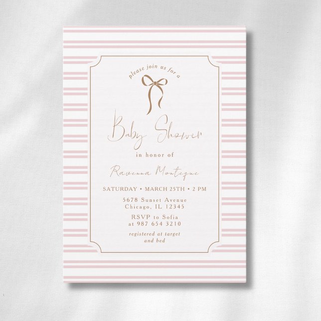 Invitation Fête de bébé à l'arc-en-ciel rose avec cadre doré  (Créateur téléchargé)