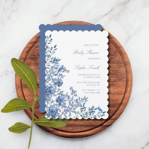Invitation Fête de bébé à motif de chinoiserie toile bleue dé