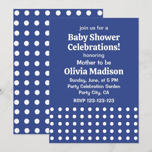 Invitation Fête de bébé à pois bleus et blancs (Devant / Derrière)