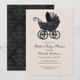 Invitation Fête de bébé à poussette gothique vintage noir  