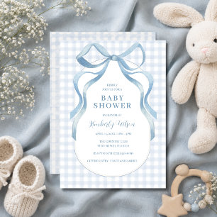 Invitation Fête de bébé à ruban bleu à carreaux 