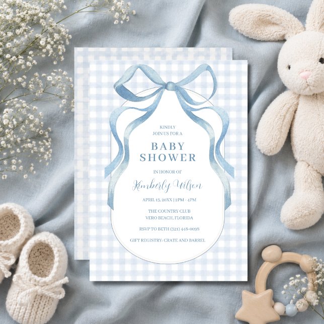 Invitation Fête de bébé à ruban bleu à carreaux  (Blue Ribbon Bow Gingham Baby Shower Invitation)