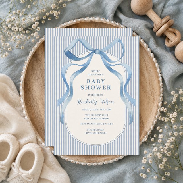 Invitation Fête de bébé à ruban bleu en nœud papillon  (Blue Ribbon Bow Stripe Baby Shower Invitation)