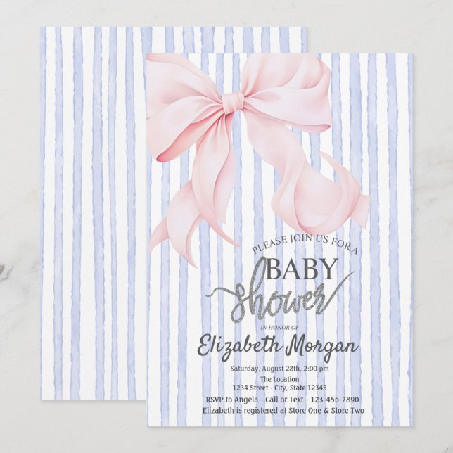 Invitation Fête de bébé à ruban rose élégant et rayures bleue (Devant / Derrière)