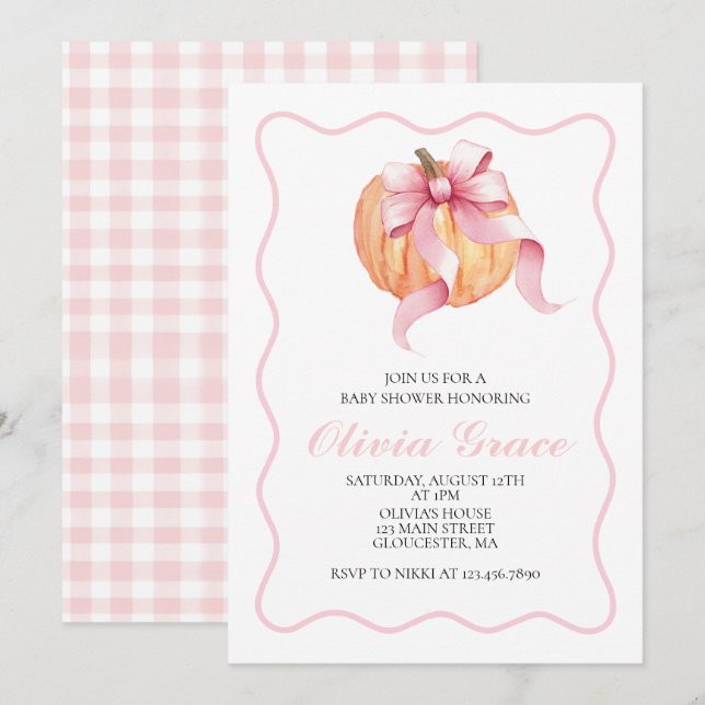 Invitation Fête de bébé à thème citrouille rose à ruban carre (Devant / Derrière)