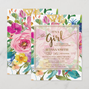 Invitation Fête de bébé à thème floral rose jaune coloré