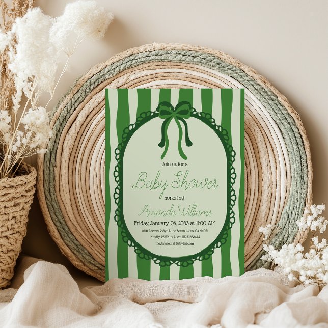 Invitation Fête de bébé à thème ruban rayures vert sauge rétr (Créateur téléchargé)