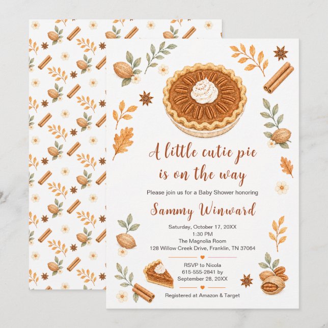 Invitation Fête de Bébé à Thème Tarte aux Noix de Pécan d'Aut (Devant / Derrière)