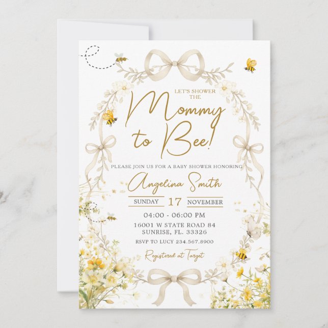 Invitation Fête de bébé abeille jaune florale pour future mam (Devant)