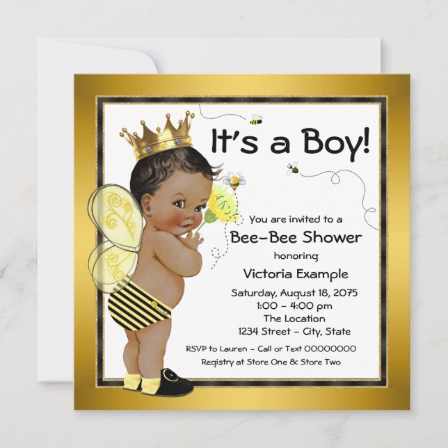 Invitation Fête de bébé abeille pour garçon afro-américain (Devant)