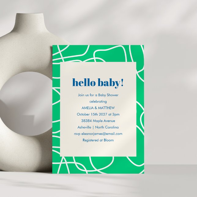 Invitation Fête de Bébé Abstraite Verte Bleue Bonjour Moderne (Créateur téléchargé)