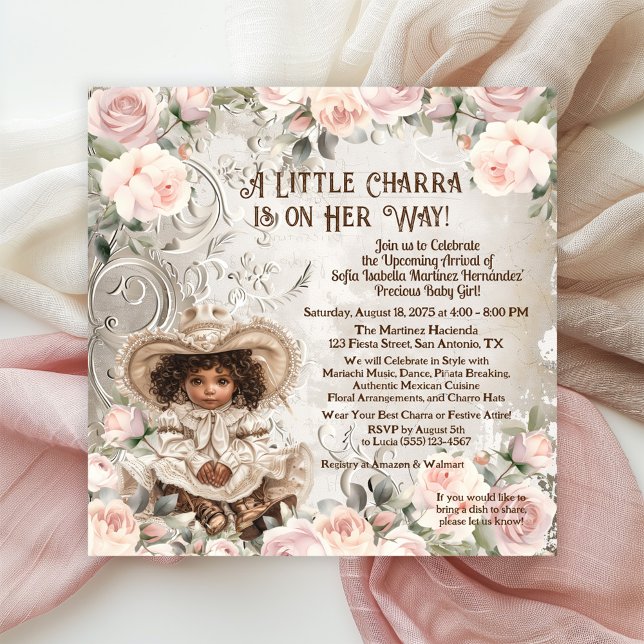 Invitation Fête de Bébé Adorable Charra  (Adorable Charra baby shower invitations with pretty pink roses.)