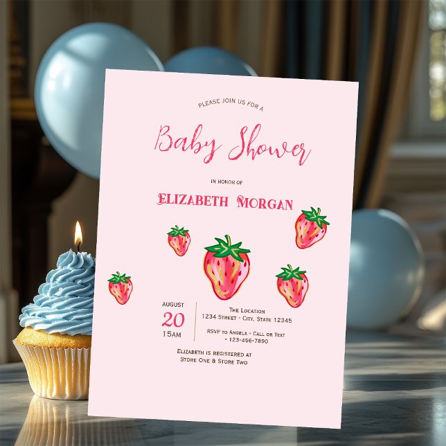Invitation Fête de bébé Adorable Glitter Fraises Points (Créateur téléchargé)
