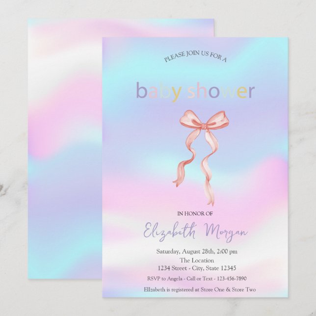 Invitation Fête de Bébé Adorable Ruban Rose Holographique (Devant / Derrière)
