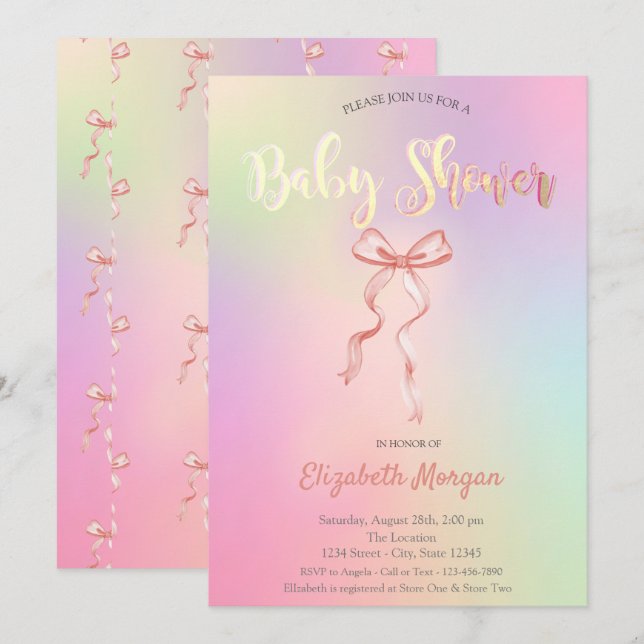 Invitation Fête de Bébé Adorable Ruban Rose Holographique (Devant / Derrière)