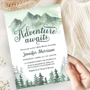 Invitation Fête de bébé Adventure Awaits Rustique Vert Montag