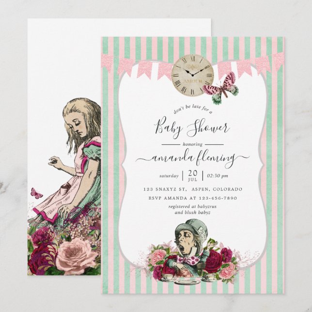 Invitation Fête de bébé Alice au pays des merveilles (Devant / Derrière)