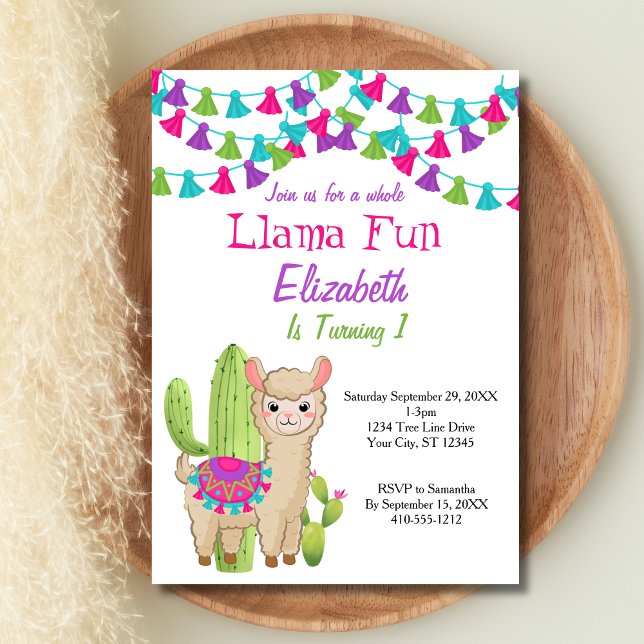 Invitation Fête de Bébé Amusante avec Lama Rose Violet Cactus (Llama Fun Baby Shower invitation. Printed or Digital Download.)
