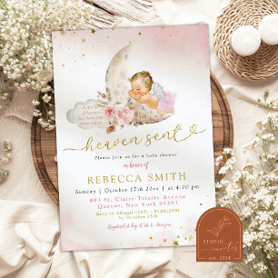 Invitation Fête de Bébé Ange Fille Bohème Rose Lune
