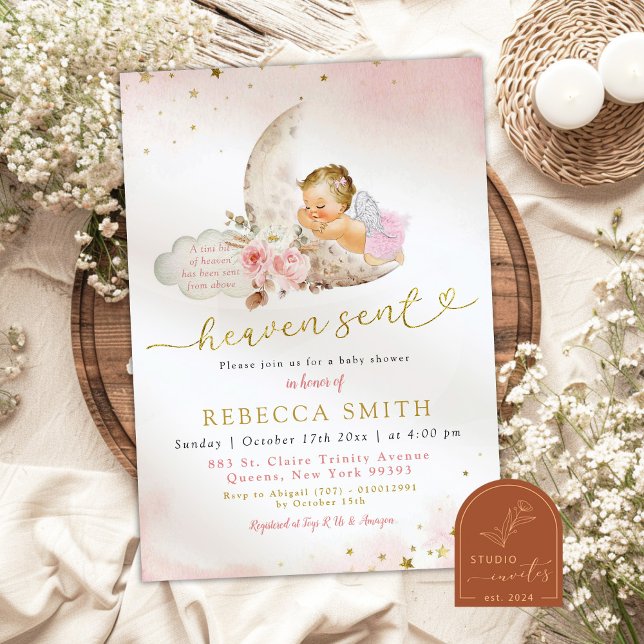Invitation Fête de Bébé Ange Fille Bohème Rose Lune (Créateur téléchargé)