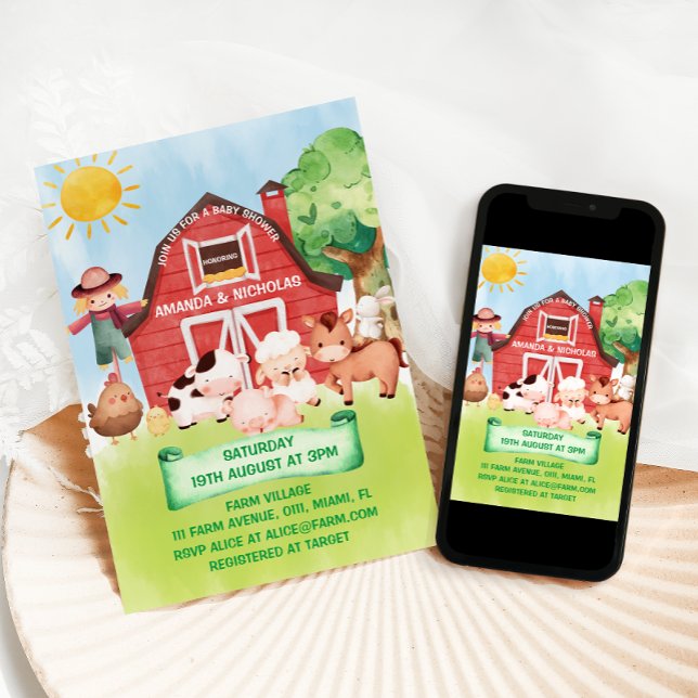 Invitation Fête de Bébé Animaux de Ferme Mignons  (Créateur téléchargé)