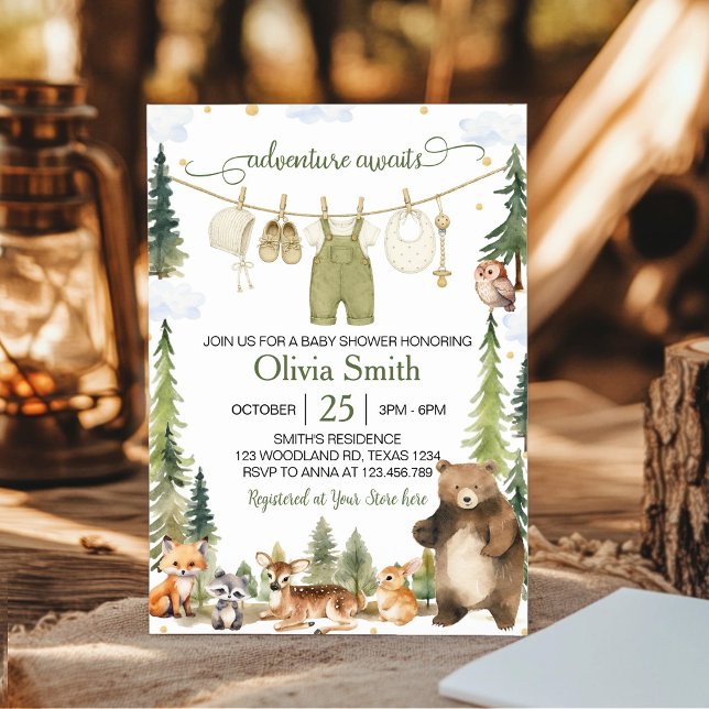 Invitation Fête de Bébé Animaux de la Forêt de Bois Mignon (Créateur téléchargé)
