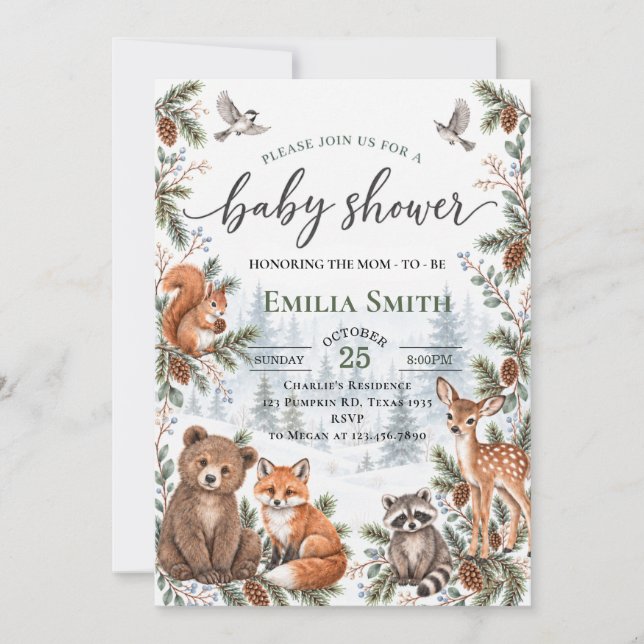 Invitation Fête de Bébé Animaux de la Forêt d'Hiver (Devant)
