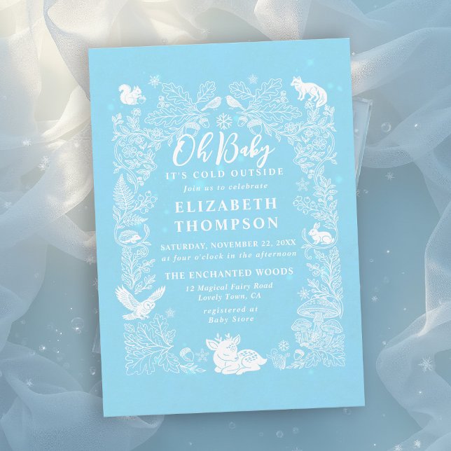 Invitation Fête de Bébé Animaux de la Forêt en Hiver Il Fait  (oh baby its cold outside winter baby shower invitations frost blue white woodland animals storybook )