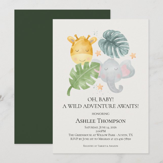 Invitation Fête de Bébé Animaux de la Jungle à l'Aquarelle Ne (Devant / Derrière)