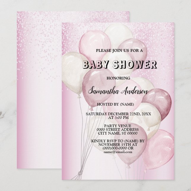 Invitation Fête de Bébé Aquarelle Ballons Roses et Blancs (Devant / Derrière)