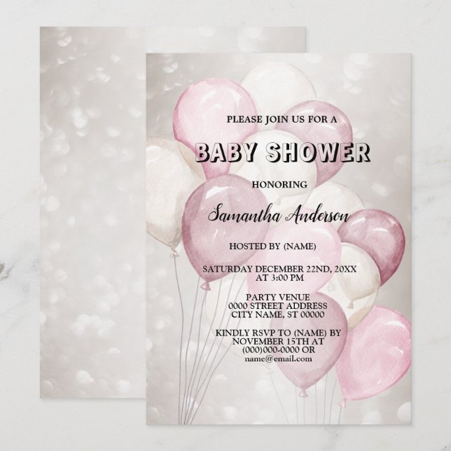 Invitation Fête de Bébé Aquarelle Ballons Roses et Blancs (Devant / Derrière)