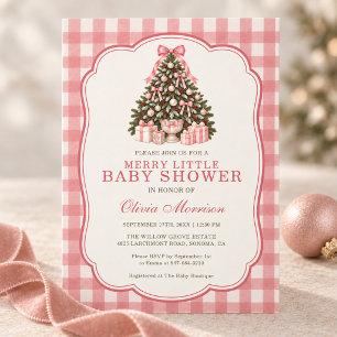 Invitation Fête de Bébé Arbre de Noël au Petit Ruban Rose