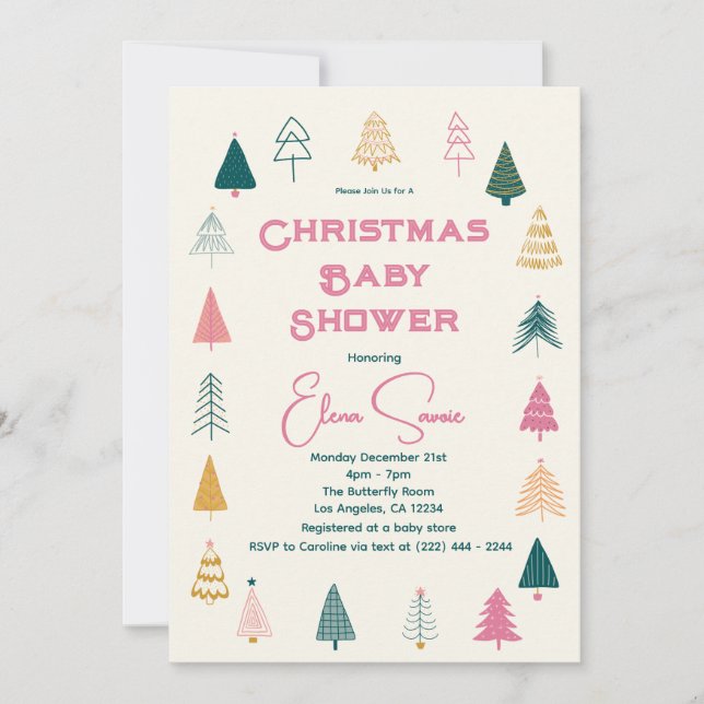 Invitation Fête de Bébé Arbre de Noël Rose et Vert Fantaisist (Devant)