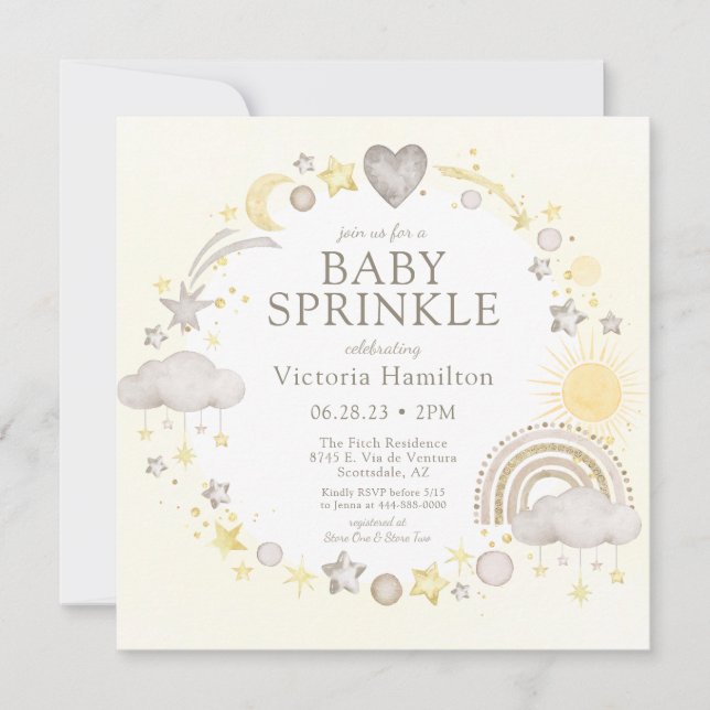 Invitation Fête de bébé arc-en-ciel aquarelle bohème (Devant)