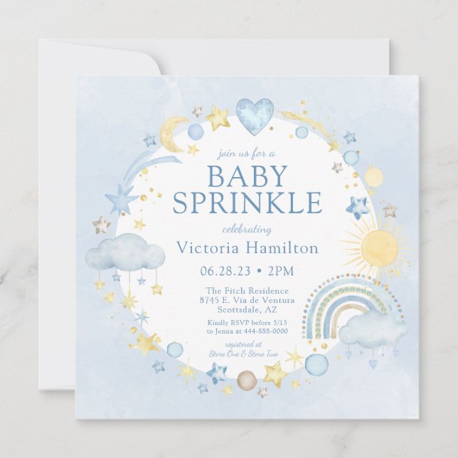 Invitation Fête de bébé arc-en-ciel aquarelle garçon (Devant)