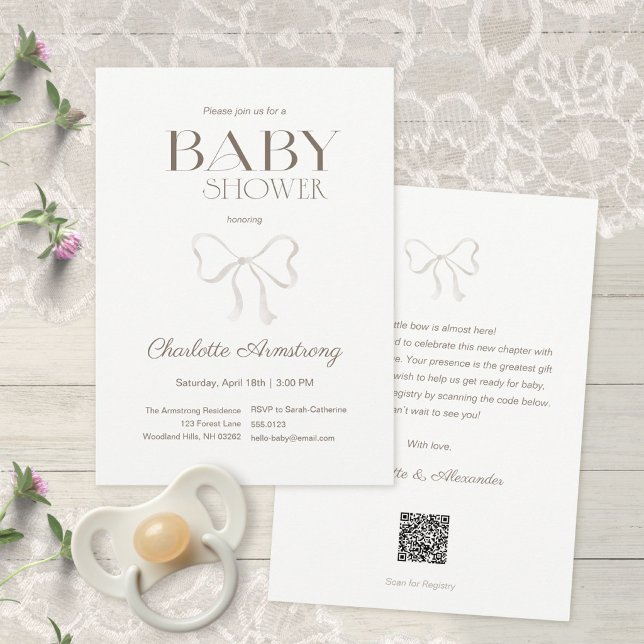 Invitation Fête de Bébé Arc-en-Ciel avec Ruban Aquarelle Crèm (Subtle Warm Cream Watercolor Bow Baby Shower Invitation ©Susanne Sachers - Sunny Mind 🌞)