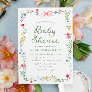 Invitation Fête de Bébé Arc-en-Ciel avec un Nœud Rose Élégant