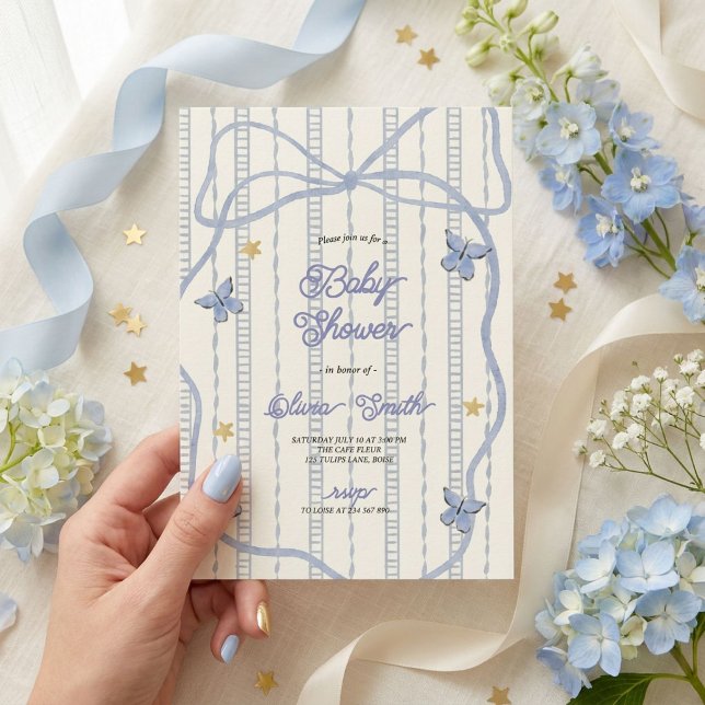 Invitation Fête de bébé Arc-en-ciel Bleu et Papillon (Créateur téléchargé)