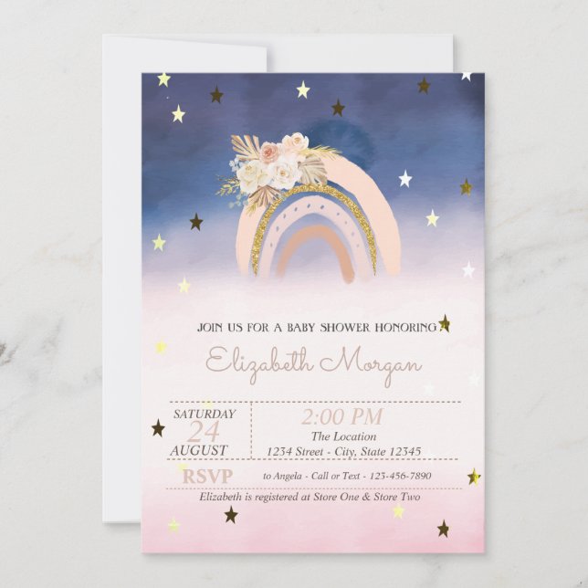 Invitation Fête de bébé Arc-en-ciel Boho Fleurs Étoiles Ombre (Devant)