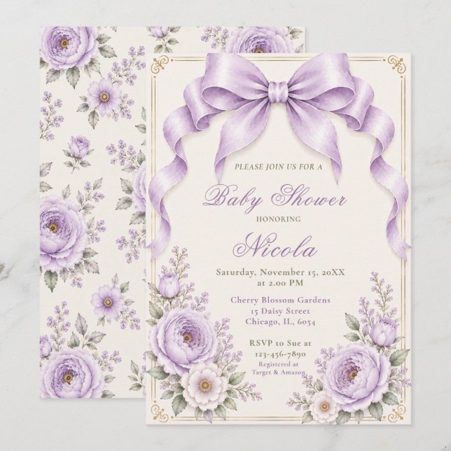 Invitation Fête de Bébé Arc-en-Ciel Floral Lavande (Devant / Derrière)