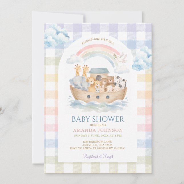 Invitation Fête de bébé Arc-en-ciel Gingham pastel de l'Arche (Devant)
