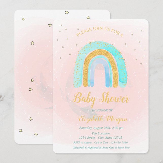 Invitation Fête de Bébé Arc-en-Ciel Pailleté Adorable  (Devant / Derrière)