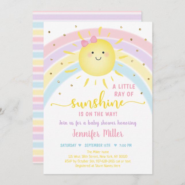 Invitation Fête de bébé Arc-en-ciel Rose Or Pastel Sunshine (Devant / Derrière)
