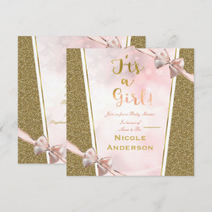 Invitation Fête de bébé arc en glitter rose et or c'est une f