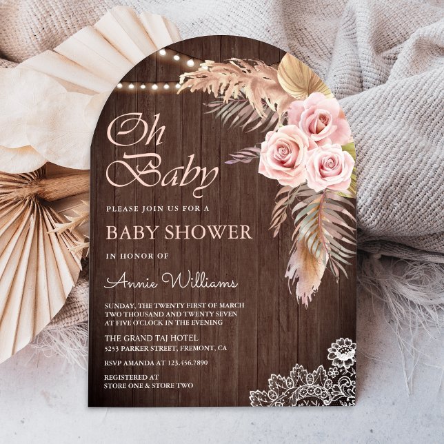 Invitation Fête de bébé Arche en bois Herbe de Pampas Rose Ro (Créateur téléchargé)