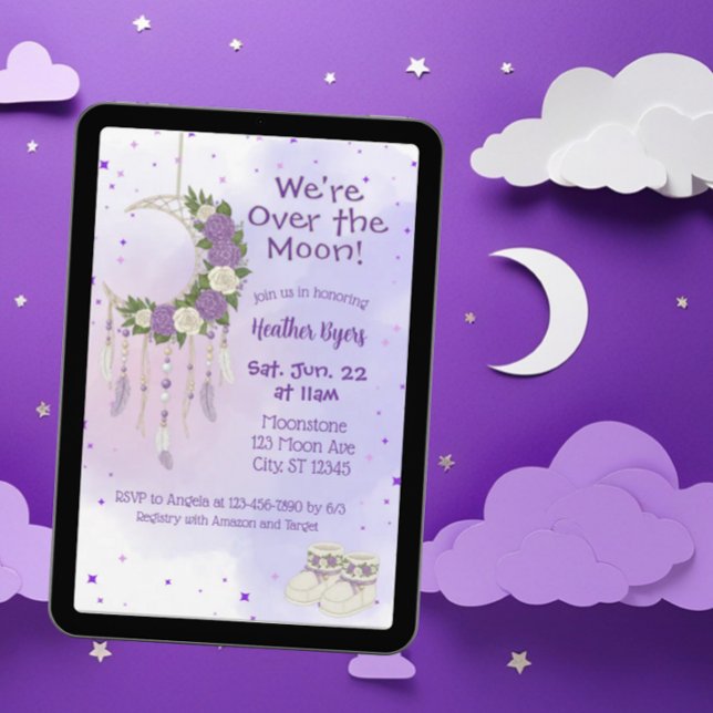 Invitation Fête de Bébé Attrape-Rêves Violet Outre La Lune (Créateur téléchargé)