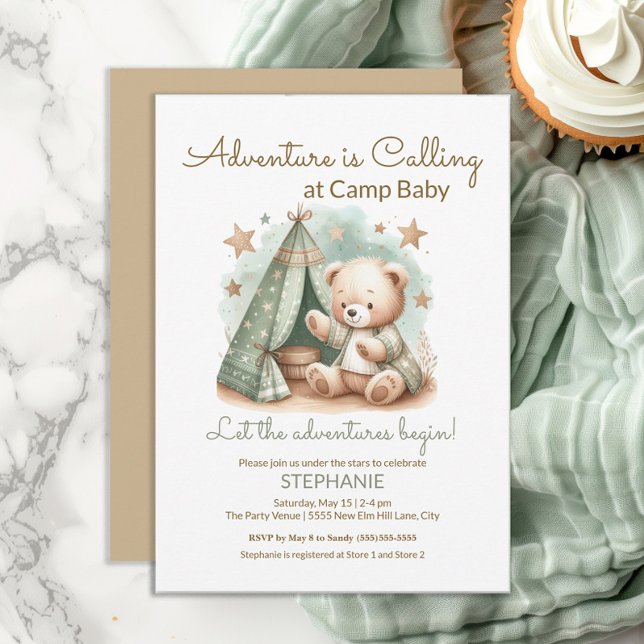 Invitation Fête de bébé au camp d'aventure (Adventure Awaits at Camp Baby cute teddy bear baby shower invitation. Gender neutral.)