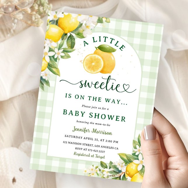 Invitation Fête de bébé au citron Gingham vert neutre en genr (Créateur téléchargé)